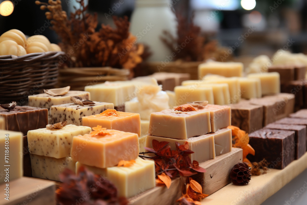 Various handmade soaps adorned with dried flowers and leaves are showcased, suggesting a rustic and eco-conscious choice. Ideal for editorial content on sustainable living