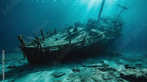 destroyed old ship under the sea in the depths with sand and good blue lighting