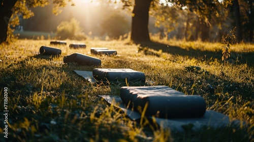 Empty yoga mats laid out on a quiet lawn. Created with Generative Ai technology. photo