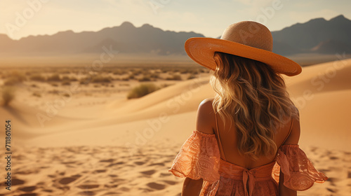 attractive sensual young woman in dress in desert, treveling on safari, wearing hat, exploring nature, hot summer day, sunny weather