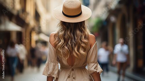 Back view of slender young woman wearing hat and coat walking down street on sunny spring day, heading to city beach to enjoy beautiful sunset. People, lifestyle, travel and vacations concept