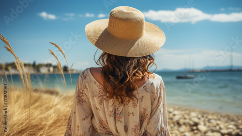 Woman in summer vacation wearing straw hat and beach dress enjoying the view at the ocean