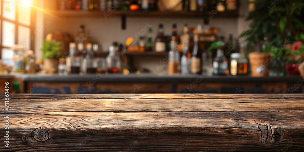 Rustic wooden counter with a blurred background of a bar interior and sunlight