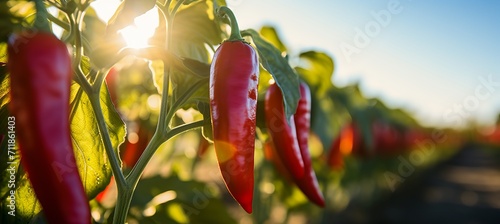 Bountiful chili pepper harvest flourishing on an expansive open plantation under the warm summer sun