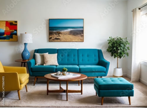 Aesthetically Pleasing Living Room with Mid-Century Modern Furniture and Vintage Decor Embellishments