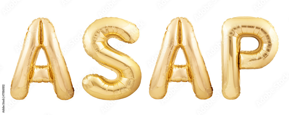 ASAP for as soon as possible message made of golden inflatable balloons isolated on white background. Business communication concept ASAP for as soon as possible message made of golden inflatable balloons isolated on white background. Business communication concept