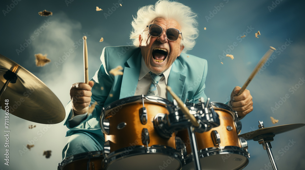 Fototapeta premium Portrait of retired pensioner retired people play drum drumstick