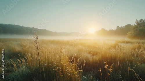 Morning in a summer field with tall grass and mist