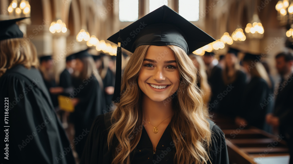 Graduate girl with master degree in black graduation robe and cap happy young woman careerist have success in her business. Graduate girl with master degree in black graduation robe and cap happy young woman careerist have success in her business.