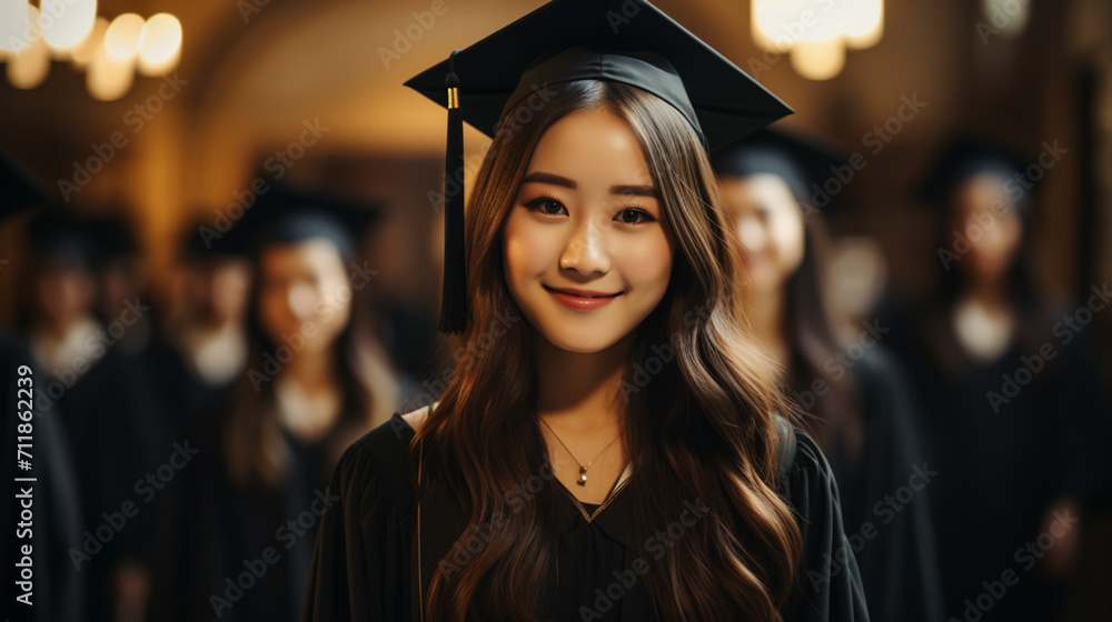 Graduate girl with master degree in black graduation robe and cap happy young woman careerist have success in her business. Graduate girl with master degree in black graduation robe and cap happy young woman careerist have success in her business.