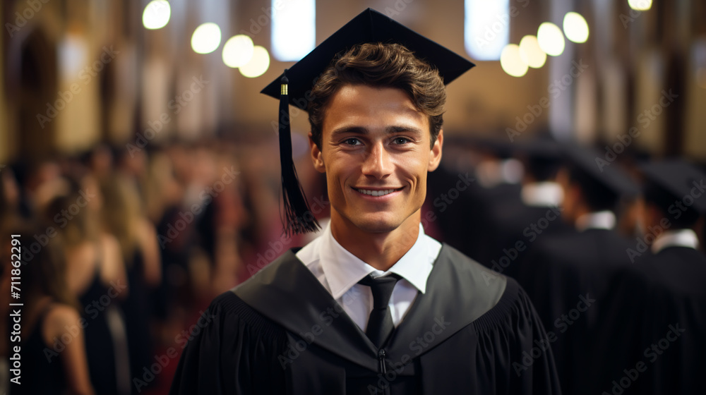 Portrait of handsome male graduate in graduation robe Portrait of handsome male graduate in graduation robe