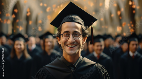 Portrait of handsome male graduate in graduation robe photo