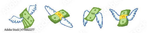 Pack of pixel dollars with wings set. Rise of 8bit financial success investments and bank deposits with successful economic vector project