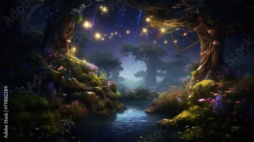 Enchanted forest scenery with glowing lights and mystical river. Fantasy landscape. © Postproduction