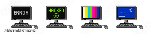 Pixel computers with error set. Displays with the message hacked and warning about failures in program with colored stripes there is no vector signal