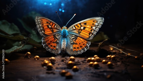 the butterfly is on the ground in a dark
