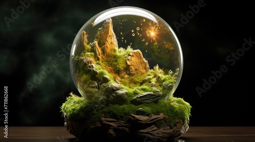 terarium or crystal clear ball inside with real moss and greenery to reinforce the concept of eco-friendliness and sustainability. photo