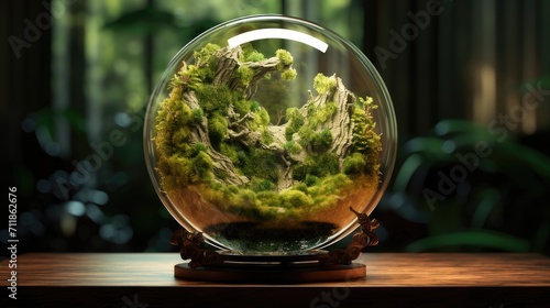 terarium or crystal clear ball inside with real moss and greenery to reinforce the concept of eco-friendliness and sustainability. photo