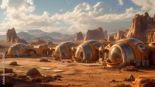 Futuristic mars colony with domes in a desert landscape at sunset photo