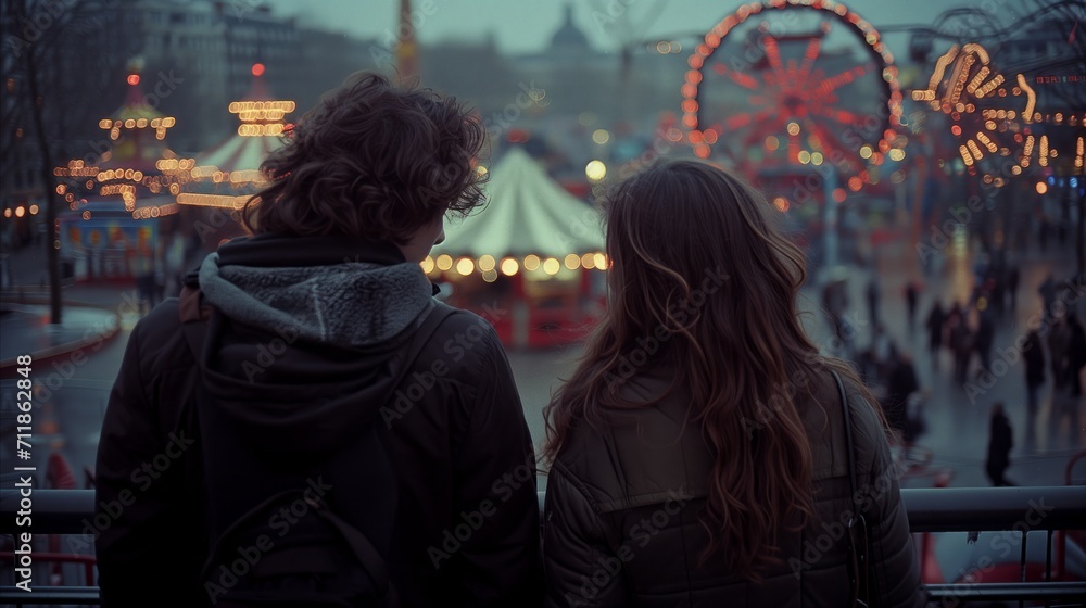 Obraz premium Couple enjoying a romantic evening at a festive fairground