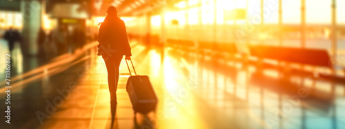silhouette of a traveler with luggage in an airport terminal, captured in a warm, glowing light, environment out of focus, conveying the ambiance of travel and the hustle of transit spaces