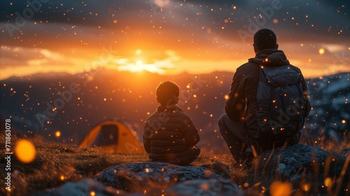Father and son enjoying a stunning sunset during a camping adventure