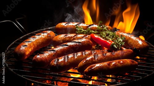 Fiery merguez sausage on bbq grill at summer party with roasted meat, chicken, pork, lamb.