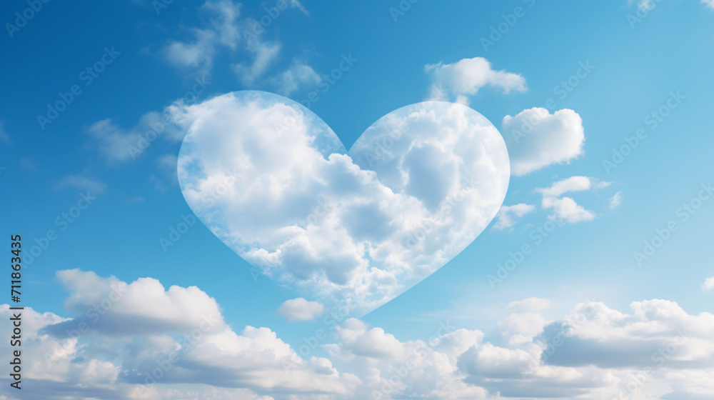 Fototapeta premium Heart shaped cloud on bright blue sky and white clouds.