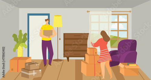 Man holding box helping with home relocation, woman arranging curtain in new house. Moving day, new home, unpacking boxes vector illustration.