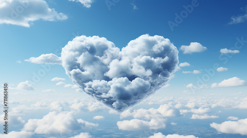 Heart shaped cloud on bright blue sky and white clouds. © alexkich