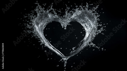 Splashes of water in the shape of a heart on a black background. 3d illustration