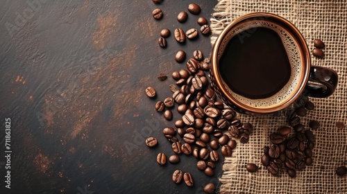 The background displays a cup of coffee, prepared and decorated with coffee beans for a delightful experience.