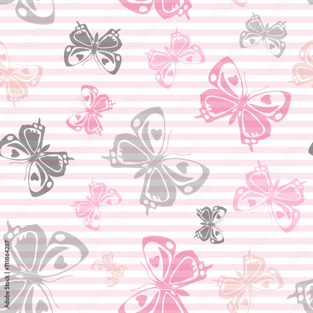 Flying butterfly silhouettes over striped background vector seamless pattern. Flying butterfly silhouettes over striped background vector seamless pattern.