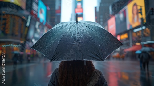 Person with umbrella walking through rainy city streets