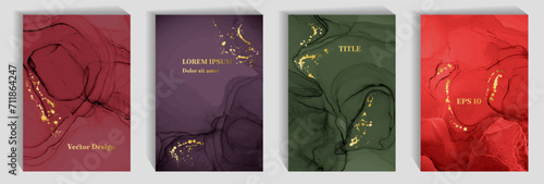 Abstract birthday greeting card backdrops vector bundle. Liquid alcohol ink texture, golden