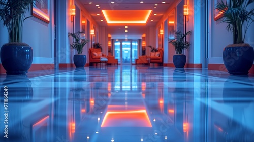 Modern hotel corridor with blue and orange lighting and reflective floor