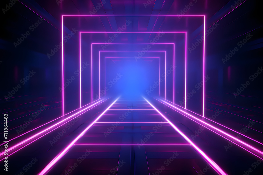 Fototapeta premium Abstract neon light geometric background. Glowing neon lines. Empty futuristic stage laser. Colorful rectangular laser lines. Square tunnel. Night club empty room. Laser show design.