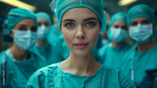 Confident female surgeon with medical team in operating room