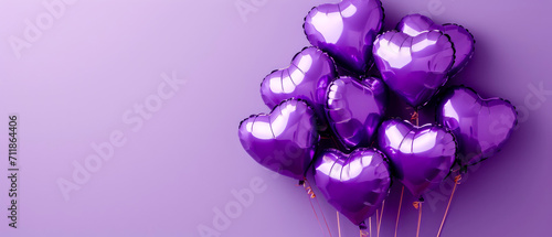 Purple heart shaped balloons on a purple background. Valentine s Day. Birthday card. Holidays background. Generative AI