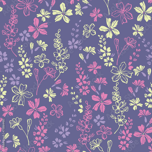Tiny meadow forget-me-not flowers repeat pattern vector illustration. Ditsy