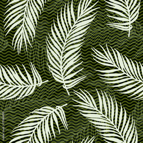 Endless paradise palm leaves vector pattern. Botanical elements over waves