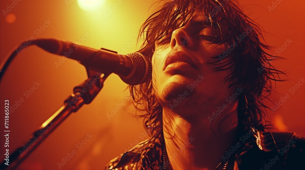 Passionate rock singer performing at concert with intense emotion Passionate rock singer performing at concert with intense emotion