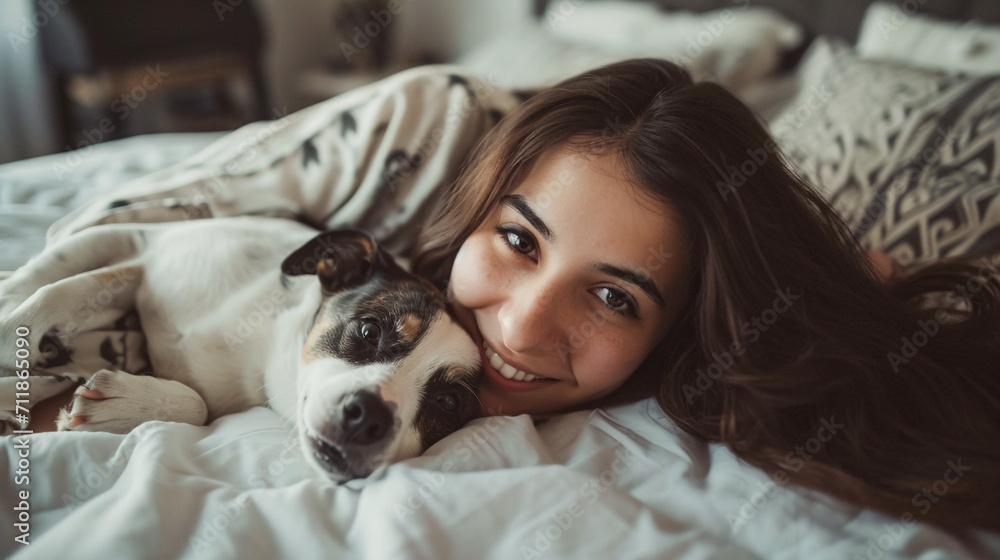 Young woman cuddling with cute little dog at home, friendship with pet, love between pet and human. Young woman cuddling with cute little dog at home, friendship with pet, love between pet and human.