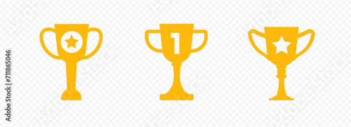 Gold cups trophies with star and one set. Award prize for first places in sports and office games as symbol of champion and celebration of vector victory