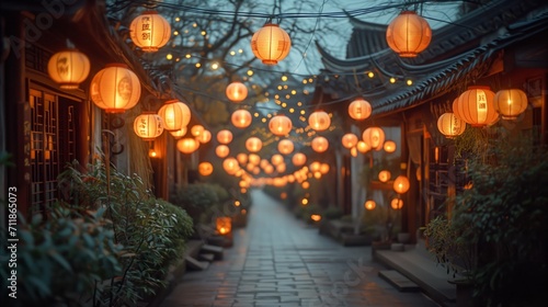 Traditional asian alley adorned with glowing lanterns at dusk © OKAN