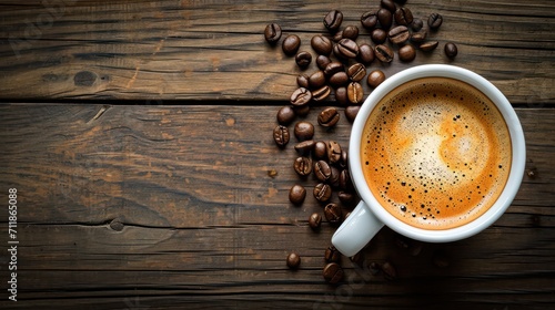 A background featuring a cup of ready-to-drink coffee adorned with coffee beans