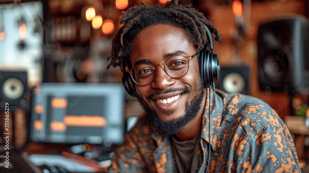 Black American man podcaster make audio podcast with headphones and microphone in modern studio Black American man podcaster make audio podcast with headphones and microphone in modern studio