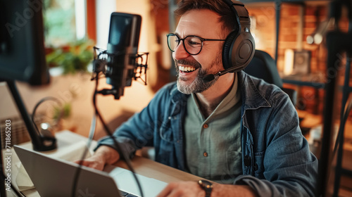 Smiling man podcaster make audio podcast with headphones and microphone in modern home studio.