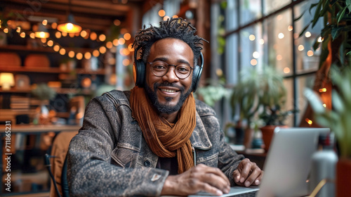 Black American man podcaster make audio podcast with headphones and microphone in modern studio 