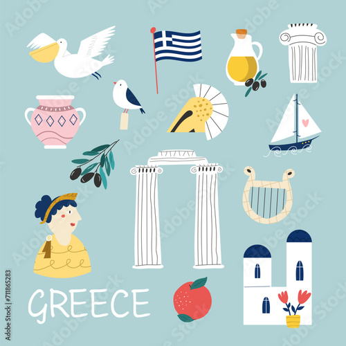 Colorful image, frame art with landmarks, symbols of Greece